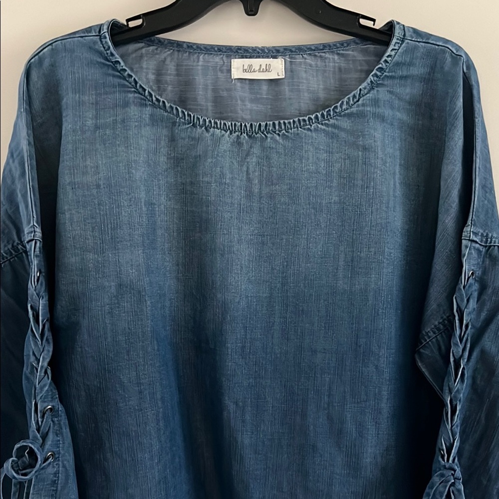 Bella Dahl‎ Bloomingdales Blue Long Lace Up Sleeve Denim Blouse Top Size L - Picture 2 of 9